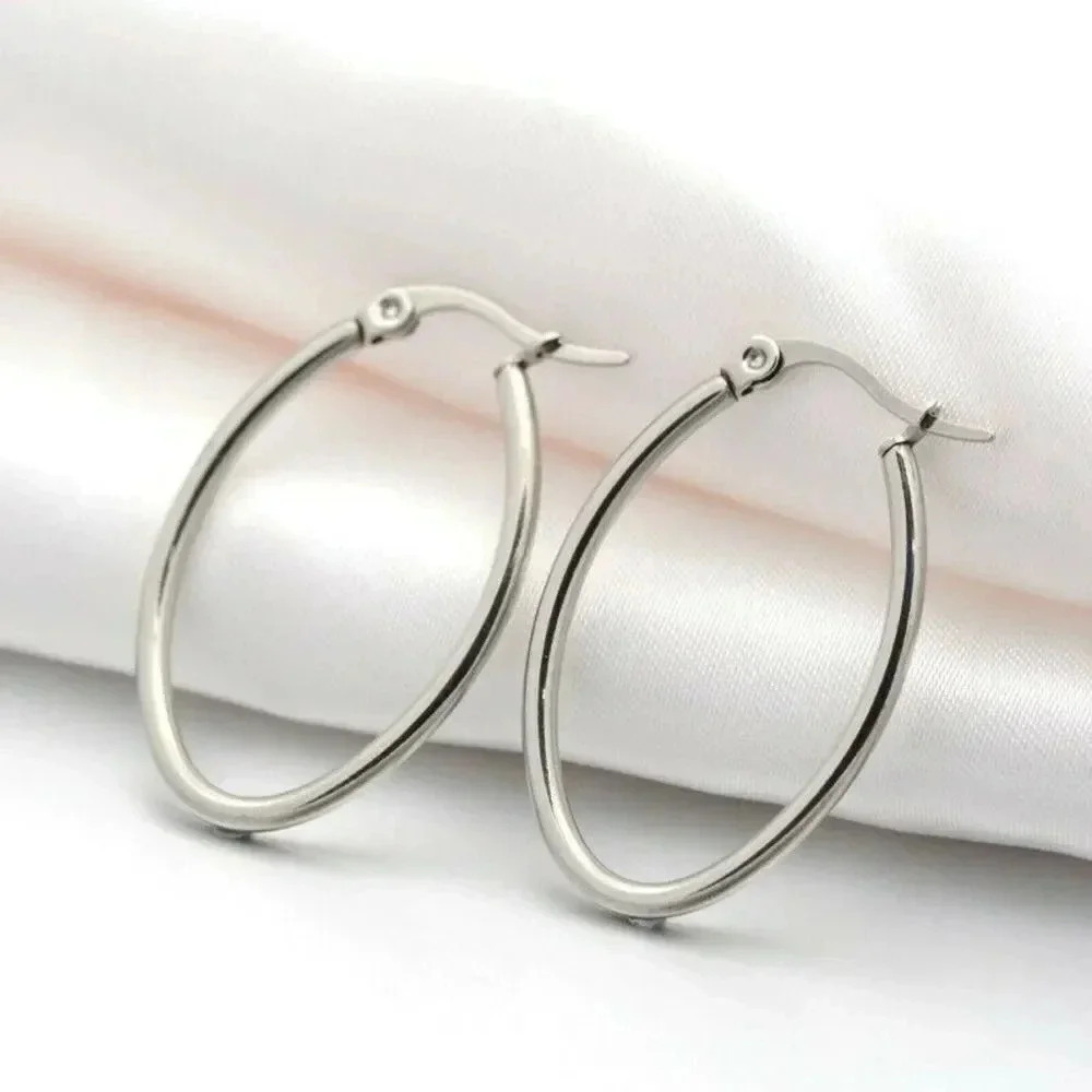 Surgical Stainless Steel Round Oval Hoop Earrings 33mm Long Hypoallergenic